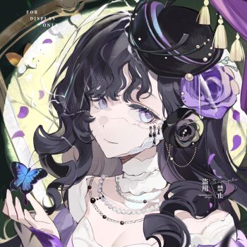 1girl black_flower black_hair black_hat blue_butterfly bug butterfly dark_background dress ershuihe flower hair_flower hair_ornament hand_up hat insect isolde_(reverse:1999) jewelry long_hair looking_at_viewer necklace pearl_necklace portrait purple_dress purple_eyes purple_flower reverse:1999 see-through_clothes see-through_veil smile solo spotlight veil