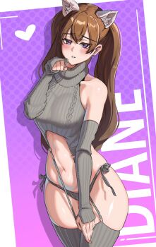 Rule 34 | 1girl, animal ears, bare shoulders, brown hair, cat ears, diane (nanatsu no taizai), earrings, elbow gloves, emmettart, gloves, heart, highres, jewelry, long hair, looking at viewer, nanatsu no taizai, panties, purple eyes, simple background, sleeveless, teeth, thighhighs, twintails, underwear, virgin killer sweater