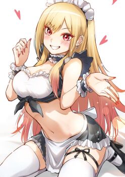 Rule 34 | bare shoulders, black shirt, black skirt, blonde hair, breasts, commentary request, ear piercing, earrings, gradient hair, heart, jewelry, kitagawa marin, kneeling, large breasts, long hair, maid, maid headdress, multicolored hair, navel, pariya 0001, parted lips, piercing, pink hair, red eyes, shirt, simple background, skirt, smile, sono bisque doll wa koi wo suru, thighhighs, tied shirt, two-tone hair, white background, white shirt, white thighhighs