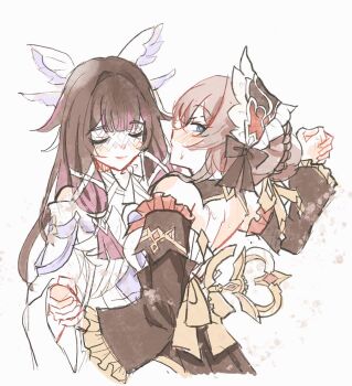 2girls back_bow bare_shoulders black_bow black_dress black_hair black_hairband black_sleeves blue_eyes blunt_bangs blush bow braid breasts bright_pupils brown_hair closed_eyes closed_mouth columbina_(genshin_impact) dancing detached_sleeves dress eye_mask feathered_wings frills from_behind genshin_impact gradient_hair hair_bow hair_bun hair_ornament hair_tubes hairband hand_up head_wings highres holding_hands ichaahnbaeee key long_sleeves looking_afar looking_back mask medium_breasts multicolored_hair multiple_girls multiple_wings pink_hair sandrone_(genshin_impact) short_hair_with_long_locks sidelocks simple_background sleeveless sleeveless_dress smile strapless strapless_dress sweatdrop two-tone_dress two-tone_hair white_background white_bow white_dress white_headdress white_mask white_pupils white_sleeves wide_sleeves wings x_hair_ornament yellow_bow yuri