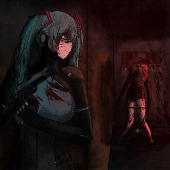 1girl absurdres android blood blood_in_hair blood_on_body blood_on_face blood_splatter blue_eyes blue_hair corrupted_star_(signalis) digitigrade gun handgun hatsune_miku highres long_hair poster_(object) signalis star_(signalis) stun_baton twintails weapon winterflan worldwide_miku