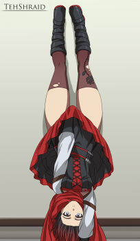 1girl absurdres artist_name bandolier belt black_hair boots bullet cape cartridge cloak commentary covering_crotch covering_privates english_commentary female_focus gradient_hair grey_eyes handstand highres hood hooded_cloak indoors lace-up_boots looking_at_viewer lycoris_challenge_(meme) lycoris_recoil meme multicolored_hair one_arm_handstand parody red_cape red_hair revision ruby_rose rwby scene_reference short_hair skirt skirt_hold skirt_tug solo tehshraid thighhighs thighs torn_clothes torn_thighhighs two-tone_hair upside-down