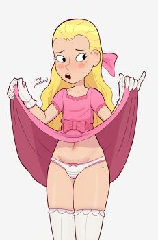 1girl beth_ellen_hansen black_eyes blonde_hair blush blush_stickers bow bow_panties clothes_lift collarbone dress dress_lift embarrassed flat_chest gloves hair_bow harriet_the_spy highres loli long_hair looking_at_viewer mole mole_on_stomach mole_on_thigh mole_under_eye navel open_mouth panties pink_bow pink_dress pinky_out rukisan(pixiv) short_sleeves standing teeth thighhighs underwear white_background white_gloves white_panties white_thighhighs