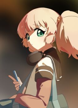 1girl black_sailor_collar blurry blurry_background commentary dress english_commentary expressionless from_side green_eyes hair_bobbles hair_ornament hand_rest headphones headphones_around_neck highres holding holding_phone keibi_inu layered_sleeves long_sleeves looking_at_viewer nanamori_school_uniform phone pink_hair red_dress sailor_collar sailor_shirt school_uniform shirt short_hair short_over_long_sleeves short_sleeves solo tareme twintails upper_body white_shirt yoshikawa_chinatsu yuruyuri