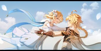 1boy 1girl aether_(genshin_impact) ahoge arm_armor black_gloves black_shirt blonde_hair braid braided_ponytail brother_and_sister brown_gloves cape clear_water closed_eyes closed_mouth cloud commentary_request cropped_shirt dress earrings falling_petals feet_out_of_frame floating_hair flower genshin_impact glomp gloves hair_flower hair_ornament happy highres hug imminent_hug jewelry letterboxed long_hair looking_at_another lumine_(genshin_impact) open_mouth outdoors partially_fingerless_gloves petals reaching reaching_towards_another shirt short_hair siblings smile upper_body white_dress yellow_eyes