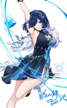 1girl artist_name backless_bodysuit backless_dress backless_outfit blunt_bangs bodysuit breasts cen_(cenll) dated dice dress earrings fingerless_gloves fur-trimmed_jacket fur_trim genshin_impact gloves gradient_hair green_eyes halter_dress halterneck high_heels highres jacket jewelry multicolored_hair purple_lips short_hair smile solo white_background white_gloves yelan_(genshin_impact) yelan_(tranquil_banquet)_(genshin_impact)