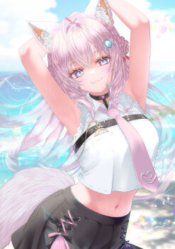 1girl absurdres animal_ears antenna_hair armpits arms_up belt black_belt black_choker black_skirt blue_sky blush braid braided_bun breasts chest_belt choker closed_mouth cloud cloudy_sky collared_shirt colored_skin crown_braid day double_bun fang fang_out frilled_shirt frills gradient_eyes hair_between_eyes hair_bun hair_ornament hair_ribbon hakui_koyori hakui_koyori_(1st_costume) heart heart_choker highres hololive large_breasts long_hair looking_at_viewer midriff multicolored_eyes multicolored_skin nanaki24 navel necktie ocean outdoors pink_eyes pink_hair pink_necktie pink_skirt pink_tail pleated_skirt pocket_watch red_ribbon ribbon shirt skirt sky sleeveless sleeveless_shirt smile solo stomach tie_clip two-tone_skin virtual_youtuber watch white_shirt wolf_ears wolf_girl