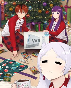 1boy 2girls :3 absurdres animal_crossing black_hair blunt_bangs bop_it! breasts christmas_ornaments christmas_present christmas_tree closed_eyes closed_mouth clothes_writing coffee_mug commentary cookie cup dismaiden earrings english_commentary english_text expressionless fern_(sousou_no_frieren) food frieren gift grey_hair guitar_hero hair_between_eyes highres holding holding_cup indoors jewelry large_breasts long_hair long_sleeves looking_at_viewer mage_staff mug multiple_girls nintendo parted_bangs patreon_logo patreon_username plate purple_eyes purple_hair purple_pupils red_eyes red_hair red_shirt shirt sousou_no_frieren staff stark_(sousou_no_frieren) straight_hair thick_eyebrows twintails twitter_username very_long_hair white_shirt wrapping_paper