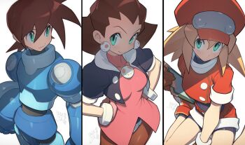 1boy 2girls absurdres artist_name blonde_hair blush breasts brown_gloves brown_hair buttons clipboard closed_mouth covered_collarbone cropped_jacket crotch_plate dress earrings gloves green_eyes hair_ornament hair_slicked_back hands_on_own_hips hat hata4564 helmet highres holding holding_clipboard holding_unworn_helmet jacket jewelry lips long_hair looking_at_viewer mega_man_(character) mega_man_(series) mega_man_legends_(series) multiple_girls newsboy_cap open_clothes open_jacket pantyhose pink_dress pink_gloves red_footwear red_hat roll_caskett_(mega_man) shiny_clothes short_dress short_sleeves shorts signature sitting skin_tight small_breasts spiked_hair tron_bonne_(mega_man) unworn_helmet white_background