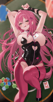 1girl absurdres armpits arms_up black_leotard blurry blush breasts card cleavage clothing_cutout commentary cutout_above_navel depth_of_field english_commentary from_above goddess_of_victory:_nikke green_eyes hair_between_eyes hair_intakes hair_spread_out heart_cutout high_heels highres joker_(playing_card) king_(playing_card) knee_up large_breasts legs leotard licking_lips long_hair looking_at_viewer lying mole mole_under_eye name_tag_hair_ornament official_alternate_costume on_back on_table pantyhose parted_lips pink_hair pink_pantyhose playboy_bunny playing_card poker poker_chip poker_table queen_(playing_card) seehyun1031 shibari shibari_over_clothes sideboob solo strapless strapless_leotard table teeth ten_of_hearts thigh_cutout thighs tongue tongue_out upper_teeth_only velvet_(nikke) velvet_(sensual_rabbit)_(nikke) very_long_hair