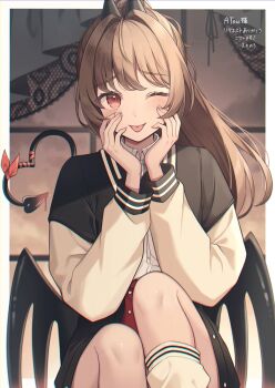 1girl absurdres amai_melo artist_name blush brown_hair commentary_request commission commissioner_name demon_tail demon_wings hair_intakes highres long_hair long_sleeves looking_at_viewer one_eye_closed original ponytail red_eyes second-party_source sitting skeb_commission socks solo tail thank_you tongue tongue_out white_socks wings