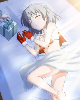 2girls artist_request barefoot bed bikini box bra cape christmas closed_eyes eila_ilmatar_juutilainen gift gift_box gloves hat indoors lying multiple_girls non-web_source official_art on_bed open_mouth pillow red_bra red_gloves santa_bikini santa_costume santa_hat sanya_v._litvyak short_hair sleeping solo_focus strike_witches swimsuit underwear white_hair world_witches_series