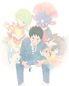 beak bird black_hair blue_eyes blue_necktie blue_suit business_suit collared_shirt darkrai fire floatzel formal_clothes gardevoir gen_3_pokemon gen_4_pokemon grey_eyes hand_on_another&#039;s_shoulder happy highres infernape legendary_pokemon looking_at_another meta multicolored_necktie mythical_pokemon necktie nintendo original pachirisu pants playing_games pokemon pokemon_(creature) red_eyes shirt short_hair simple_background sitting squirrel staraptor striped_necktie suit uraura_ura-chan weavile white_background white_necktie white_shirt