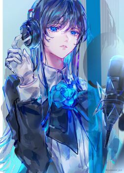Rule 34 | 1girl, ado (utaite), black coat, black hair, blue eyes, blue hair, blue theme, chando (ado), coat, colored inner hair, commentary, english commentary, gloves, headphones, highres, long hair, microphone, mole, mole under eye, multicolored hair, open mouth, purplestar puii, shirt, solo, the first take, upper body, utaite, white gloves, white shirt