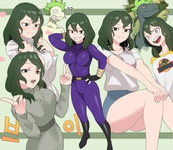 1girl absurdres belt black_footwear blush bodysuit boku_no_hero_academia collarbone dress_shirt embarrassed green_eyes green_hair hand_in_own_hair hand_on_own_hip hand_on_own_knee highres jewelry knees_together_feet_apart kopam long_sleeves medium_hair necklace open_mouth purple_bodysuit sharp_teeth shirt short_shorts short_sleeves shorts smile sweater teeth tokage_setsuna turtleneck turtleneck_sweater v