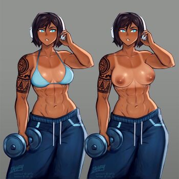 1girl abs arm_tattoo avatar_legends biceps bikini bikini_top_only blue_bikini blue_eyes bra breasts brown_hair dark-skinned_female dark_nipples dark_skin dumbbell hand_on_headphones headphones heat_stroke_photoshoot_(meme) highres iahfy korra muscular muscular_female navel nipples pants short_hair stomach sweatpants swimsuit tan tanline tattoo the_legend_of_korra topless_female underwear