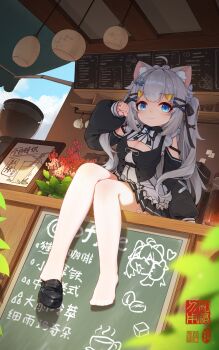 1girl absurdres ahoge animal_ear_fluff animal_ears black_dress black_shoes black_skirt blue_eyes breasts cafe cat_ears cat_girl chalkboard ci_wen_jian_bu_cun_zai cleavage commentary_request dress flower hair_ornament highres long_sleeves medium_breasts menu menu_board original outdoors pantyhose paw_pose pleated_skirt puffy_sleeves shoes skirt smile solo white_pantyhose x_hair_ornament