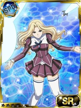 background_activity blonde_hair blue_background blue_eyes dress elizabeth_mably freezing_(series) freezing_vibration long_hair maroon_dress maroon_skirt skirt thighhighs white_thighhighs