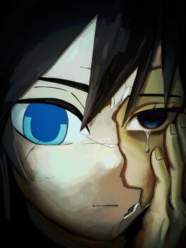 Rule 34 | 1boy, black hair, blue eyes, broken mask, closed mouth, crack, cracked kawaii mask, crying, crying with eyes open, eyelashes, hand on own face, highres, kimetsu no yaiba, male focus, mask, ojon 0000007, parted bangs, portrait, sanpaku, solo, tears, tomioka giyuu