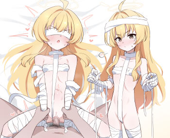 1boy ahoge bandaged_arm bandaged_head bandaged_leg bandages bandages_over_eyes bar_censor blindfold blue_archive blush breasts brown_eyes cameltoe censored donutman grabbing_another&#039;s_arm halo heart hetero highres loli long_hair lying on_back pussy sex simple_background small_breasts solo_focus spoken_blush vaginal white_background yellow_halo yoshimi_(blue_archive) yoshimi_(halloween)_(blue_archive)