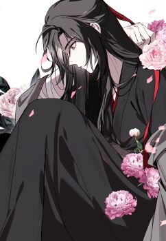 Rule 34 | 1boy, ahoge, aninsigsi, bandaged arm, bandages, bishounen, black hair, black hanfu, chinese clothes, closed mouth, coat, commentary request, falling petals, flower, grey coat, grey eyes, hair down, hair ribbon, half updo, hanfu, highres, knees up, korean commentary, leaf, long hair, long sleeves, looking down, male focus, modao zushi, off shoulder, official alternate costume, official alternate hairstyle, open clothes, open coat, petals, pink flower, pink petals, profile, red eyes, red ribbon, ribbon, robe, sidelocks, simple background, sitting, solo, wei wuxian, wei wuxian (yiling laozu), white background