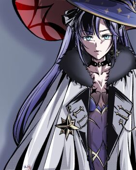 1girl artist_name asymmetrical_bangs black_bow black_choker blunt_bangs bodystocking bow breasts choker coat collarbone earrings fatui_coat fur_collar genshin_impact gold gold_trim grey_background hair_between_eyes hair_bow hat highres jewelry kacchan_09 lapels leotard long_hair mona_(genshin_impact) open_clothes open_coat parted_bangs purple_hair purple_hat purple_leotard red_hat shadow sidelocks small_breasts solo star_(symbol) star_choker star_earrings star_ornament star_print straight-on twintails two-sided_fabric two-sided_headwear upper_body white_coat witch_hat