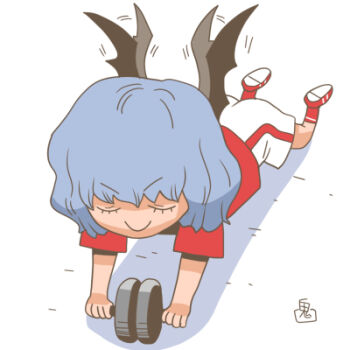 1girl ab_roller alternate_costume blue_hair closed_eyes closed_mouth commentary_request exercising flapping full_body lowres onikobe_rin red_shirt red_shoes red_socks remilia_scarlet shirt shoes short_hair shorts simple_background smile socks solo touhou v-shaped_eyebrows white_background white_shorts