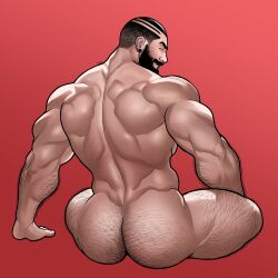 1boy absurdres artist_name ass bara beard buzz_cut completely_nude ear_piercing facial_hair gherod hairy highres huge_ass looking_at_viewer looking_back male_focus manly mature_male muscular muscular_arms muscular_legs muscular_male nude original piercing red_background short_hair signature simple_background sitting smirk solo thick_eyebrows thighs triceps very_short_hair