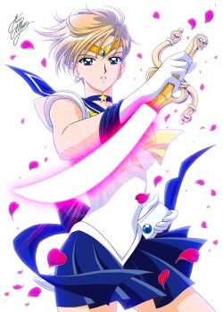 1girl bishoujo_senshi_sailor_moon blonde_hair blue_eyes blue_sailor_collar choker circlet crescent crescent_earrings earrings energy_sword jewelry marco_albiero miniskirt parted_lips petals pleated_skirt rose_petals sailor_collar sailor_senshi sailor_uranus short_hair signature skirt solo space_sword star_(symbol) star_choker super_sailor_uranus sword ten&#039;ou_haruka upper_body weapon