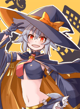 1girl animal_ears belt bow building cape commentary_request crop_top crossed_bangs detached_sleeves fang flat_chest gloves halloween hat hat_bow hat_ribbon highres inubashiri_momiji kuro-ekaki long_sleeves miniskirt navel necktie orange_belt orange_bow orange_cape orange_ribbon outline pumpkin_brooch purple_gloves purple_hat purple_shirt purple_skirt purple_sleeves red_eyes red_necktie ribbon shirt short_hair skin_fang skirt skull_ornament smile touhou v white_hair white_outline white_trim witch_hat wolf_ears wolf_girl yellow_background