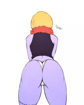 1girl ass ass_focus bare_shoulders black_dress blonde_hair bob_cut breasts dress expressionless female_focus grey_eyes highres huge_ass large_breasts looking_at_viewer multiple_views one_piece ornament panties pouch pulling scar scarf short_hair tattoo thick_thighs thighs turnaround underwear victoria_cindry white_panties wide_hips zombie zombie_girl