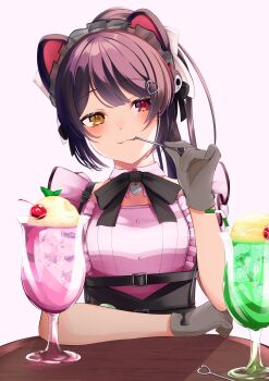 1girl :3 absurdres animal_ears animal_hair_ornament arm_rest black_bow black_bowtie blush bow bowtie breasts cafe_cutemare_uniform cherry chest_harness closed_mouth collar commentary_request detached_collar dog_ears elbow_rest food frilled_shirt frills fruit glove_bow gloves grey_gloves grey_headdress hair_ornament hand_up harness heart heart_collar heart_hair_ornament heterochromia highres holding holding_spoon ice_cream ice_cream_float inui_toko long_hair looking_at_viewer maid_headdress melon_soda nijisanji o_ro_ck pendant_collar pink_background pink_collar pink_shirt ponytail pov_across_table red_eyes red_pupils shirt shirt_tucked_in simple_background small_breasts solo spoon table upper_body utensil_in_mouth virtual_youtuber wooden_table yellow_eyes yellow_pupils
