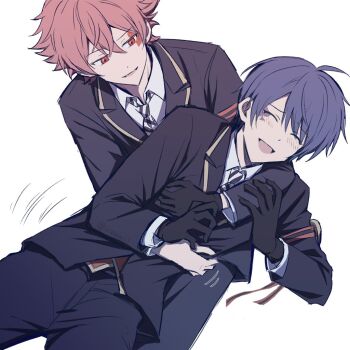 ace_trappola ahoge black_gloves blush closed_eyes deuce_spade gloves iceee63 laughing looking_at_another red_eyes red_hair school_uniform smile tickling twisted_wonderland white_background