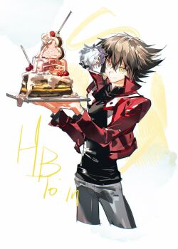 Rule 34 | 1boy, 1other, 99ki5, black shirt, brown hair, cake, commentary request, cowboy shot, duel academy uniform (yu-gi-oh! gx), food, grey pants, happy birthday, holding, holding tray, jacket, medium hair, mini person, pants, red jacket, shirt, tray, white background, yellow eyes, yu-gi-oh!, yu-gi-oh! gx, yubel, yuki judai