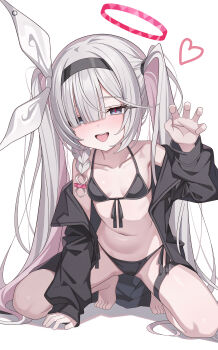 1girl absurdres bikini black_bikini black_hairband blue_archive breasts commentary hair_over_one_eye hairband halo highres long_hair loyo navel open_mouth plana_(blue_archive) small_breasts solo swimsuit symbol-only_commentary twintails white_background