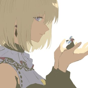 2girls bang_dream! bang_dream!_it&#039;s_mygo!!!!! black_skirt blonde_hair blue_hair closed_mouth cupping_hands doloris_(bang_dream!) earrings from_side hands_up highres holding holding_mini_person in_palm jewelry long_hair long_sleeves looking_at_viewer mini_person minigirl misumi_uika multiple_girls nininikal oblivionis_(bang_dream!) own_hands_together profile purple_eyes red_shirt shirt short_hair simple_background size_difference skirt togawa_sakiko upper_body white_background