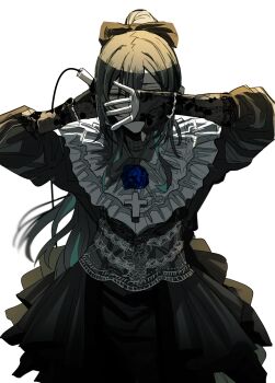 Rule 34 | 1girl, ado (utaite), black dress, black hair, blue streaks, brooch, chando (ado), closed eyes, commentary, dress, flower brooch, gunjyou (gunjyou 00), hand up, highres, holding, holding microphone, jewelry, long sleeves, microphone, ponytail, simple background, solo, utaite, white background