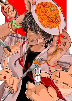 >_< 1boy black_hair black_shirt brown_eyes commentary ear_piercing food fork frying_pan grey_jacket grin hair_between_eyes highres holding holding_plate hood hood_down hooded_jacket jacket ketchup ketchup_bottle looking_at_viewer male_focus multiple_piercings open_clothes open_jacket original outside_border pasta piercing pillarboxed plate red_background sahi00000 sentient_stuffed_toy shirt short_hair smile solo spaghetti sticker sticker_on_face stuffed_animal stuffed_rabbit stuffed_toy swept_bangs symbol-only_commentary upper_body wristband