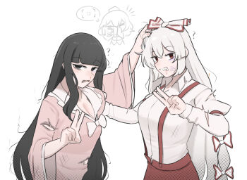 3girls ? bad_tag black_eyes black_hair blood blood_from_mouth bow breasts camera cleavage commentary english_commentary fujiwara_no_mokou grabbing_another's_breast grey_hair groping hair_bow hands_on_another's_head hat holding holding_camera houraisan_kaguya large_breasts long_hair long_sleeves mata_(matasoup) multiple_girls multiple_hair_bows nosebleed open_mouth pants pink_shirt red_eyes red_pants shameimaru_aya sharp_teeth shirt suspenders taking_picture teeth tokin_hat torn_clothes torn_shirt touhou v very_long_hair white_bow white_shirt wide_sleeves yuri