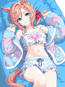 1girl animal_ears bare_shoulders blue_bra blue_eyes blue_jacket blue_shorts bra braid breasts brown_hair highres horse_ears horse_girl horse_tail jacket looking_at_viewer navel open_clothes open_jacket parted_lips short_hair short_shorts shorts small_breasts solo stomach tail umamusume underwear venus_paques_(umamusume) zenbrush2