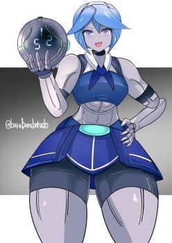 1girl android artist_name artist_request barubarubarudo blue_eyes blue_hair character_request collar copyright_request gynoid hair_between_eyes holding joints looking_at_viewer mechanical_hair mechanical_skirt metal_skin metallic_clothes numbers open_mouth ribbon robot robot_girl robot_joints skirt source_request toned toned_female two-tone_background