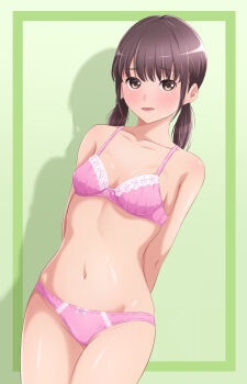 1girl akippoi_0919 arms_behind_back blush bow bow_bra bow_panties bra breasts brown_eyes brown_hair commentary cowboy_shot dutch_angle green_background highres looking_at_viewer low_twintails medium_hair navel open_mouth original panties pink_bra pink_panties shadow small_breasts smile solo standing twintails underwear underwear_only