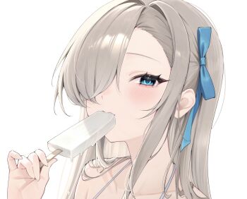 Rule 34 | 1girl, absurdres, asuna (blue archive), blue archive, blue eyes, blue ribbon, close-up, commentary request, dripping, food, food in mouth, grey hair, hair over one eye, hair ribbon, highres, holding, holding food, holding popsicle, long hair, namedango (uouodango), popsicle, popsicle in mouth, ribbon, white background