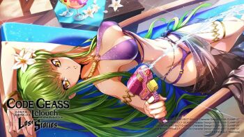 1girl arm_up armlet belly_chain bikini black_sarong bracelet breasts c.c. chair cherry clenched_hand code_geass code_geass:_lost_stories collarbone commentary_request company_name copyright_name cup dated day drinking_glass f4samurai finger_on_trigger fingernails firing flower food foreshortening from_above fruit glint gluteal_fold green_hair groin hair_flower hair_ornament halterneck hand_up highleg highleg_bikini holding holding_water_gun jewelry lens_flare lily_(flower) logo long_fingernails long_hair looking_at_viewer lounge_chair lying medium_breasts multi-strapped_bikini_bottom nail_polish narrow_waist navel o-ring o-ring_bikini o-ring_top official_art on_back outdoors parted_lips pink_nails purple_bikini sarong see-through_clothes shiny_clothes sidelocks solo straight_hair swimsuit table thigh_gap thighlet thighs very_long_hair water water_gun white_flower yellow_eyes