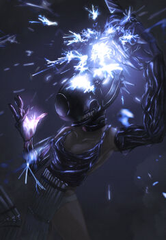 1girl apron arm_up black_gloves bomb_devil_(chainsaw_man) breasts chainsaw_man dynamite elbow_gloves explosive gloves grey_apron grey_panties highres imminent_explosion medium_breasts object_head panties sf10320065 solo sparks teeth underwear
