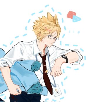1boy alternate_costume black_necktie black_pants blonde_hair blue_eyes blueprint_(object) character_name chocobo closed_mouth cloud_strife collared_shirt commentary english_commentary final_fantasy final_fantasy_vii final_fantasy_vii_remake glasses highres holding holding_blueprints id_card looking_at_watch male_focus necktie pants shirt short_hair simple_background solo sweatdrop upper_body wa6gma white_background white_shirt working wristband