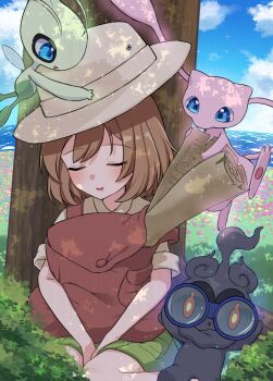 Rule 34 | 1boy, absurdres, against tree, amakusa setoka, backpack, bag, brown bag, brown hair, budding expeditioner (pokemon), celebi, closed eyes, cloud, commentary request, day, gen 1 pokemon, gen 2 pokemon, gen 7 pokemon, grass, green shorts, hat, highres, legendary pokemon, male focus, marshadow, mew (pokemon), mythical pokemon, nintendo, outdoors, pokemon, pokemon (creature), pokemon tcg, pokemon tcg pocket, scroll, shirt, short sleeves, shorts, sitting, sky, sleeping, sparkle, tree, water