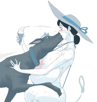 1boy 1girl absurdres animal_collar ante90 areola_slip bestiality bikini bikini_pull blush breast_press breasts cheating_(relationship) cheek_bulge clothes_pull collar collarbone deep_skin dog eye_contact food hair_bun hat highres huge_breasts ice_cream kiss leash looking_at_another medium_hair nose_blush original saliva simple_background single_hair_bun squatting string_bikini sun_hat sunglasses sunglasses_on_head surprised sweat swimsuit veins white_background