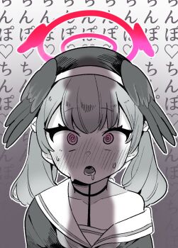 1girl :o @_@ bad_id bad_twitter_id beret blue_archive blush drooling fang futapi greyscale halo hat head_wings highres koharu_(blue_archive) loli long_hair looking_at_penis low_twintails monochrome mouth_drool nose_blush off_shoulder parted_lips penis_awe penis_shadow pink_eyes portrait sailor_collar school_uniform serafuku shadow simple_background spot_color sweat text_background translated twintails winged_hat wings