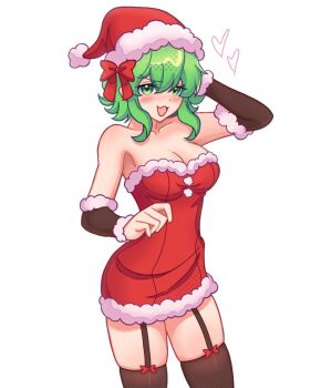 1girl :3 armpit_peek black_sleeves black_thighhighs bow breasts christmas cleavage collarbone commentary detached_sleeves dress english_commentary fur-trimmed_headwear fur-trimmed_sleeves fur_trim green_eyes green_hair gumi gumitetoyuri hair_bow hand_on_own_head hat heart highres large_breasts looking_at_viewer open_mouth red_bow red_dress red_hat santa_costume santa_dress santa_hat short_hair_with_long_locks simple_background skindentation solo thighhighs vocaloid white_background